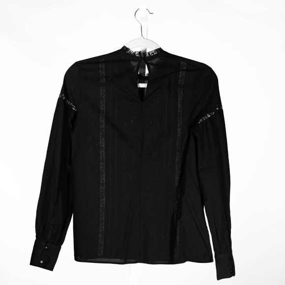 H&M Women's Blouse Black Embroidered Floral Sheer Lace Long Sleeve Shirt Top 4 - Picture 2 of 12